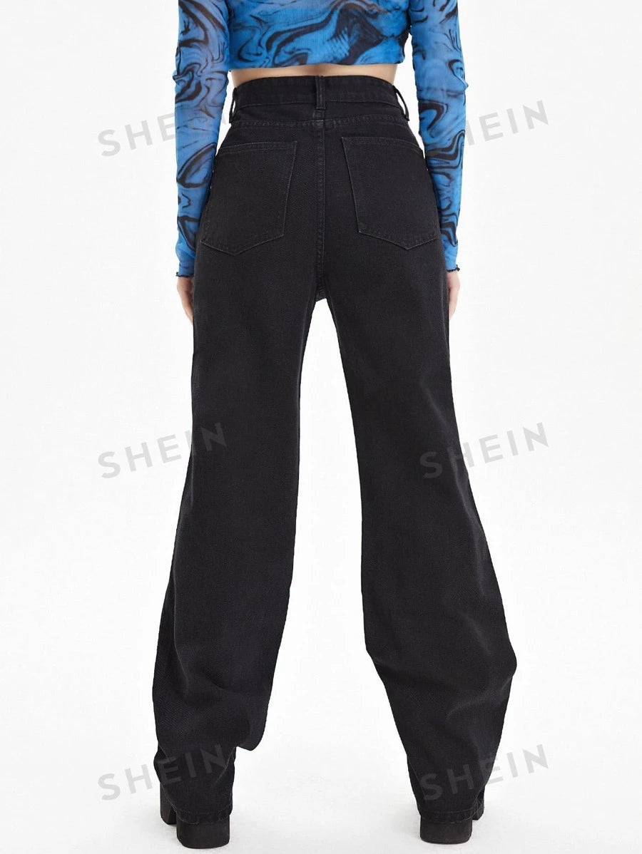 SHEIN ICON Jeans con mariposa con diseño roto con lavado Mujer