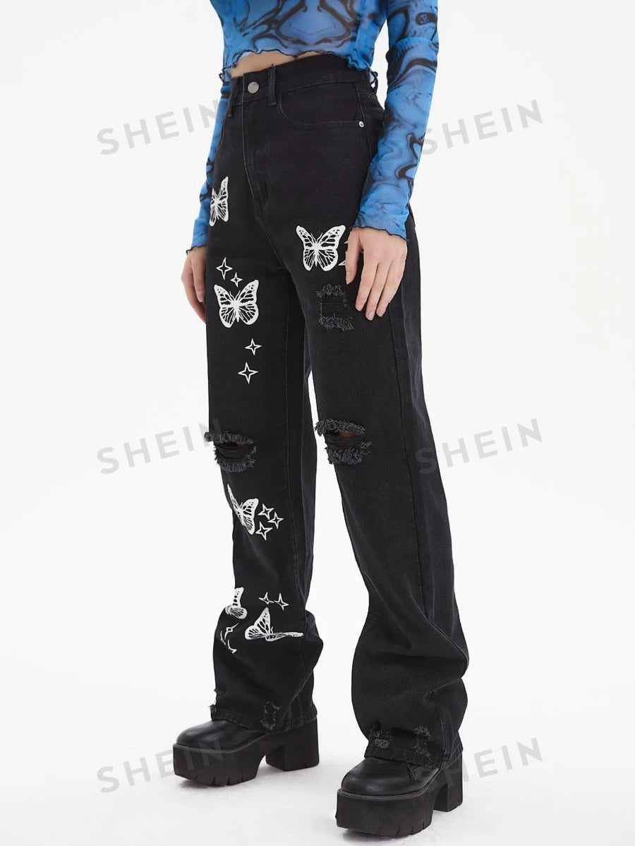 SHEIN ICON Jeans con mariposa con diseño roto con lavado Mujer