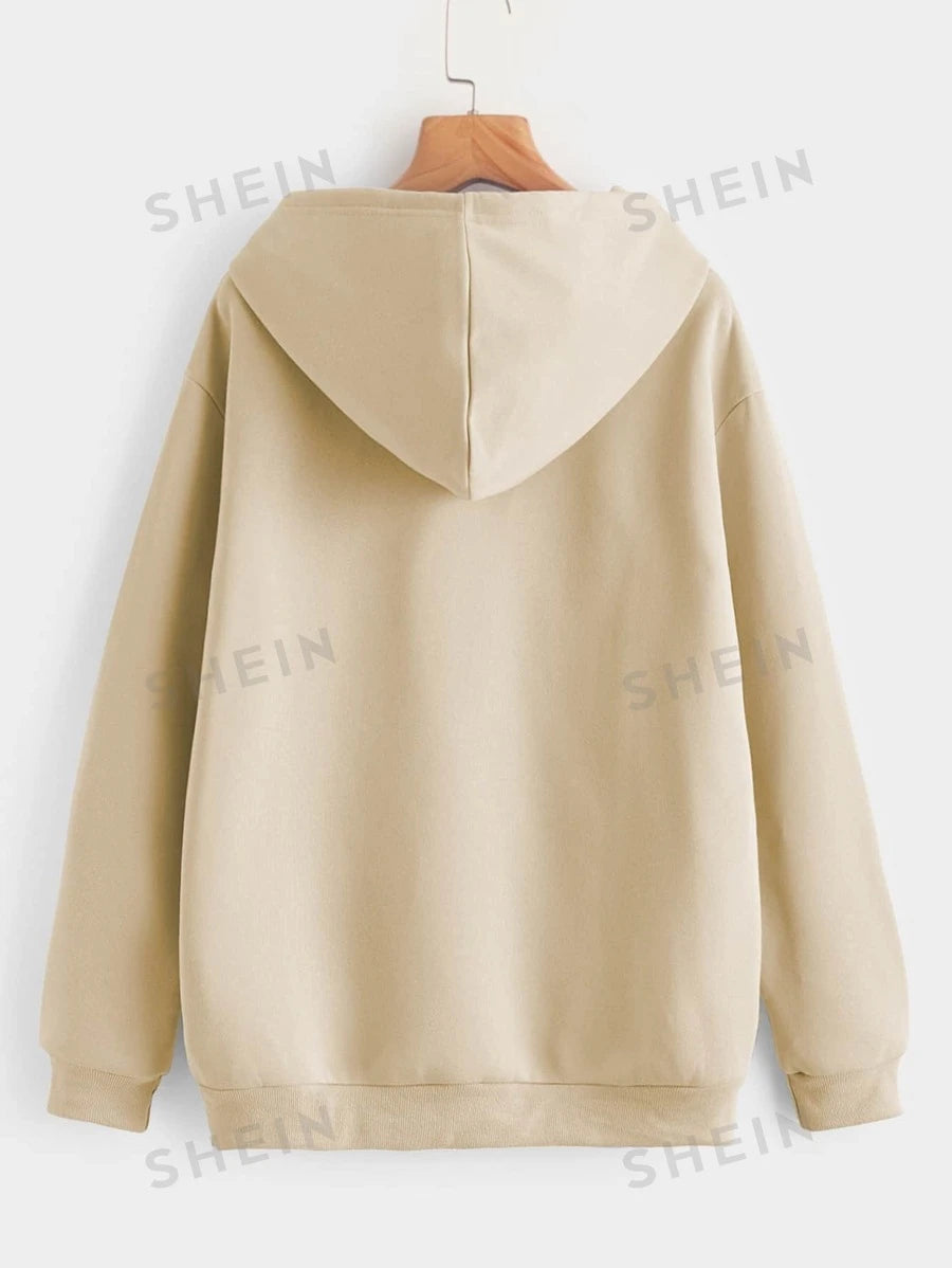SHEIN EZwear Capucha térmica con estampado de letra con bolsillo de canguro de hombros caídos con cordón