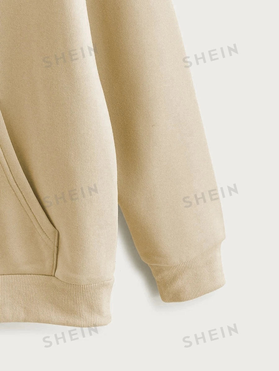 SHEIN EZwear Capucha térmica con estampado de letra con bolsillo de canguro de hombros caídos con cordón