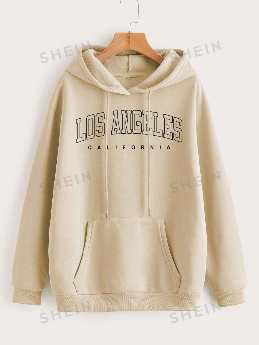 SHEIN EZwear Capucha térmica con estampado de letra con bolsillo de canguro de hombros caídos con cordón