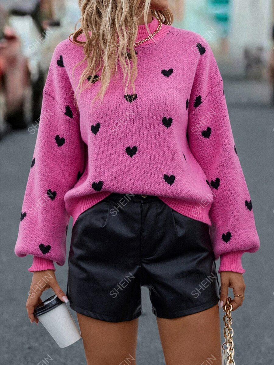 SHEIN LUNE Jersey con patrón de corazón de cuello alto de hombros caídos