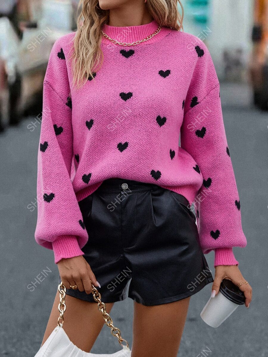 SHEIN LUNE Jersey con patrón de corazón de cuello alto de hombros caídos