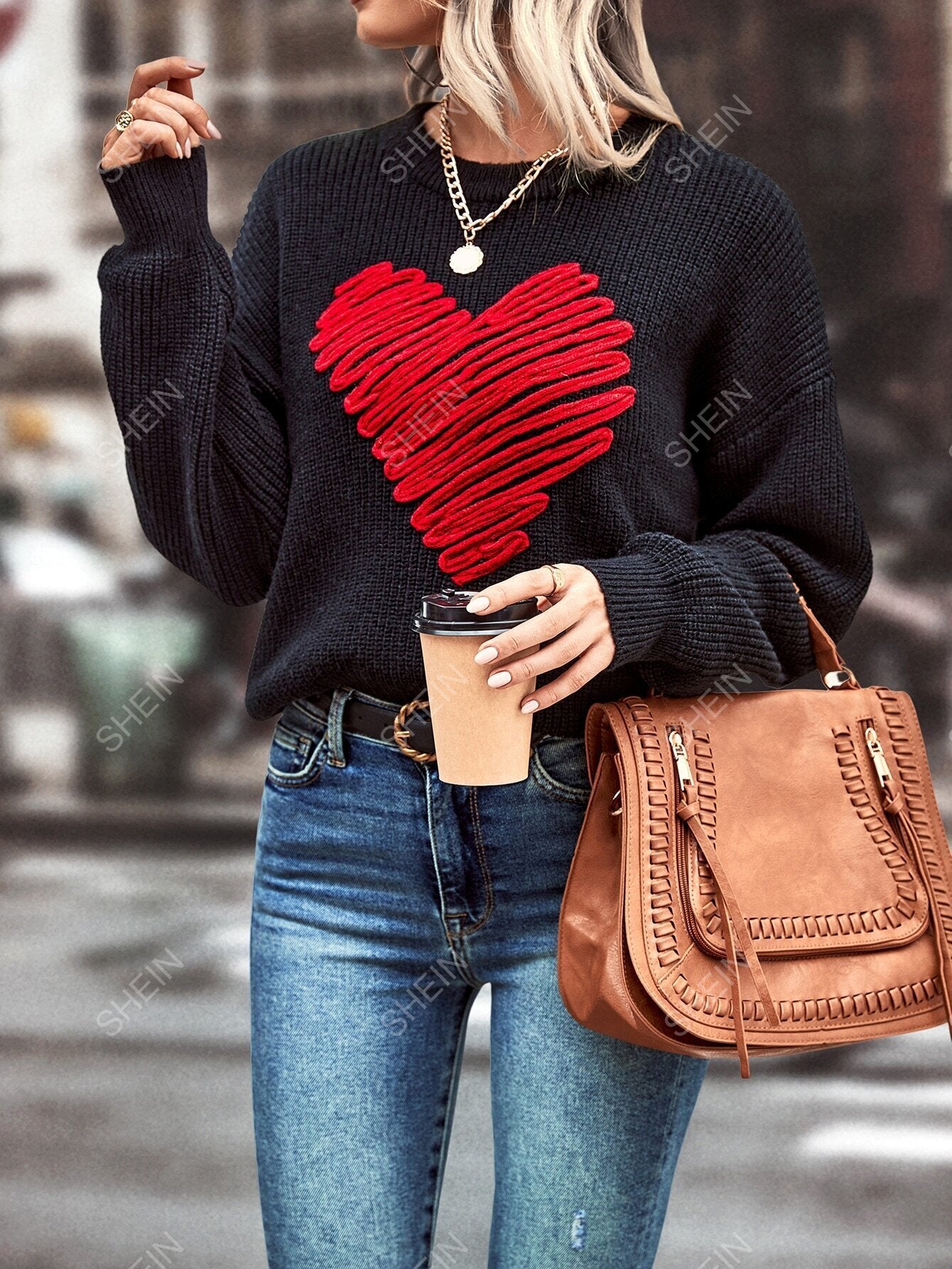SHEIN LUNE Jersey con patrón de corazón de hombros caídos
