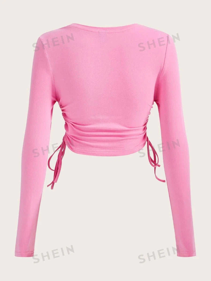 SHEIN ICON Camiseta corta con diamante de imitación con estampado de letra con cordón lateral