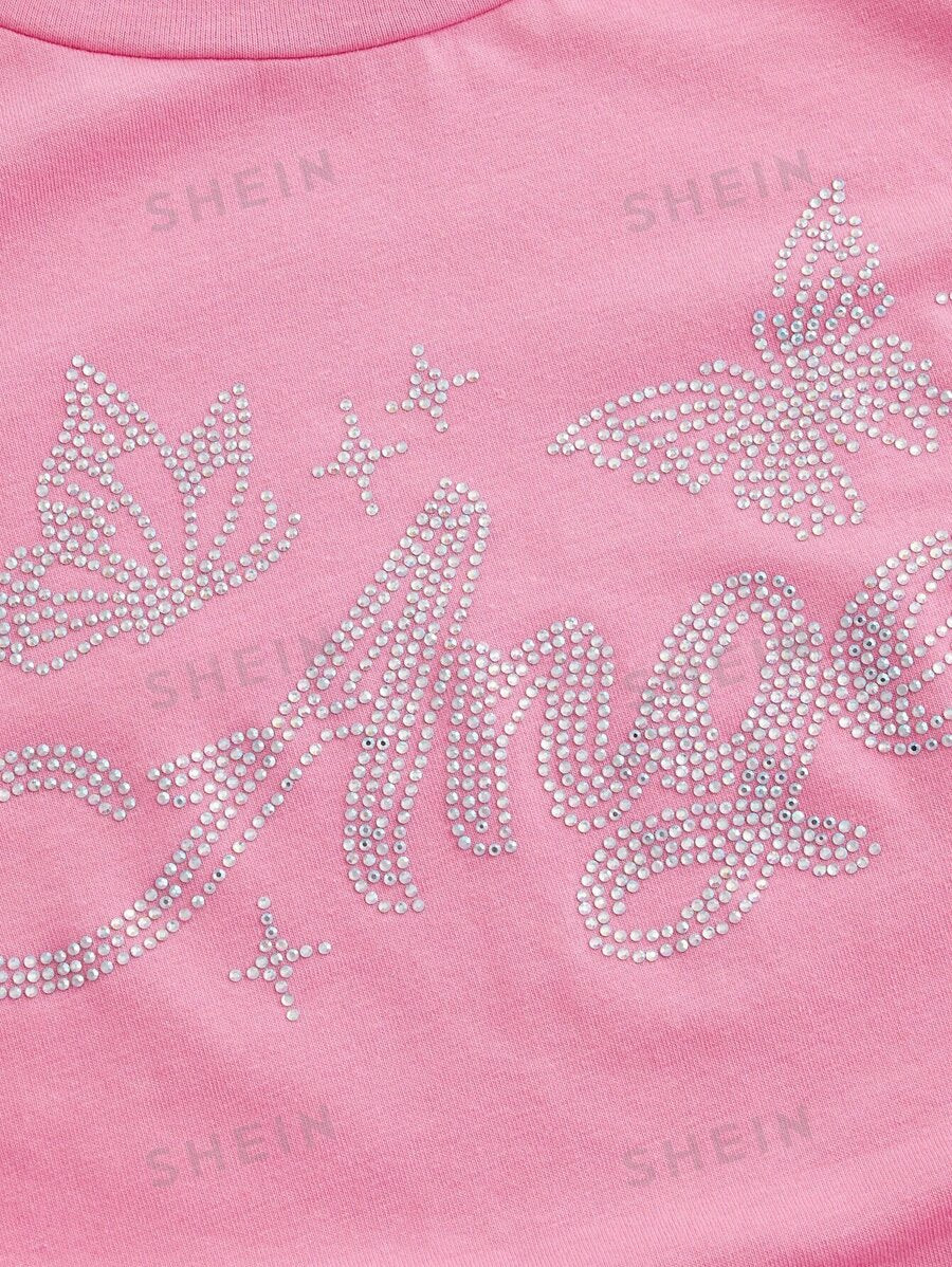 SHEIN ICON Camiseta corta con diamante de imitación con estampado de letra con cordón lateral