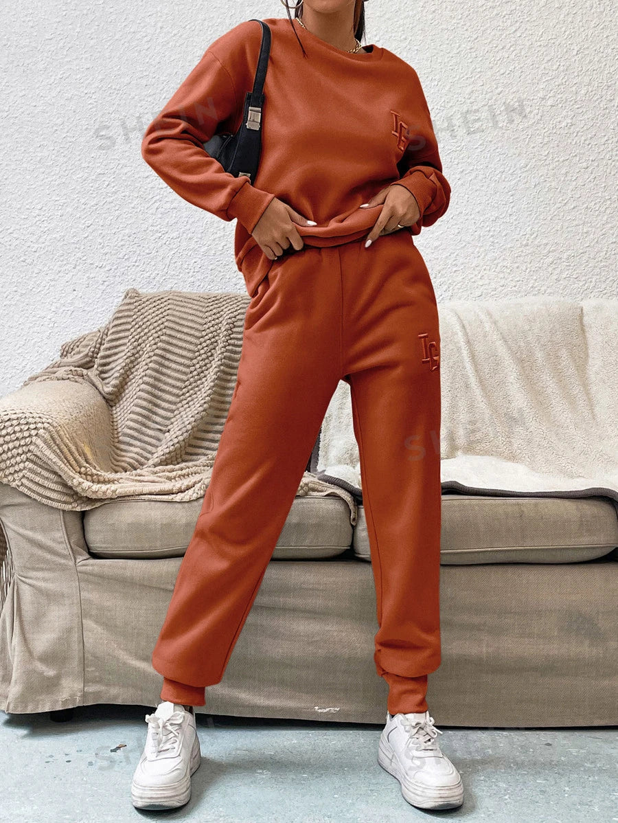 SHEIN EZwear Pantalones deportivos con sudadera con estampado de letra de hombros caídos