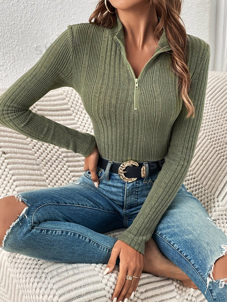 SHEIN Essnce Body con cremallera media tejido de canalé mujer