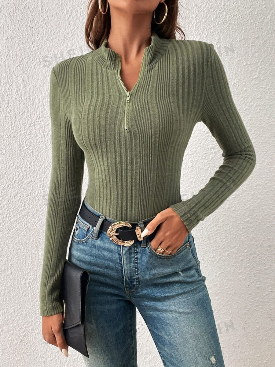 SHEIN Essnce Body con cremallera media tejido de canalé mujer