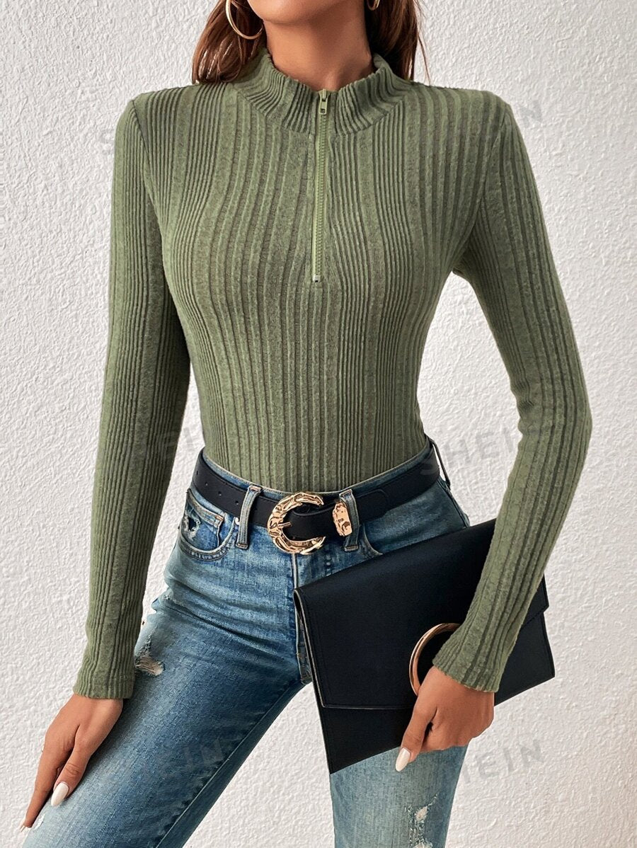 SHEIN Essnce Body con cremallera media tejido de canalé mujer