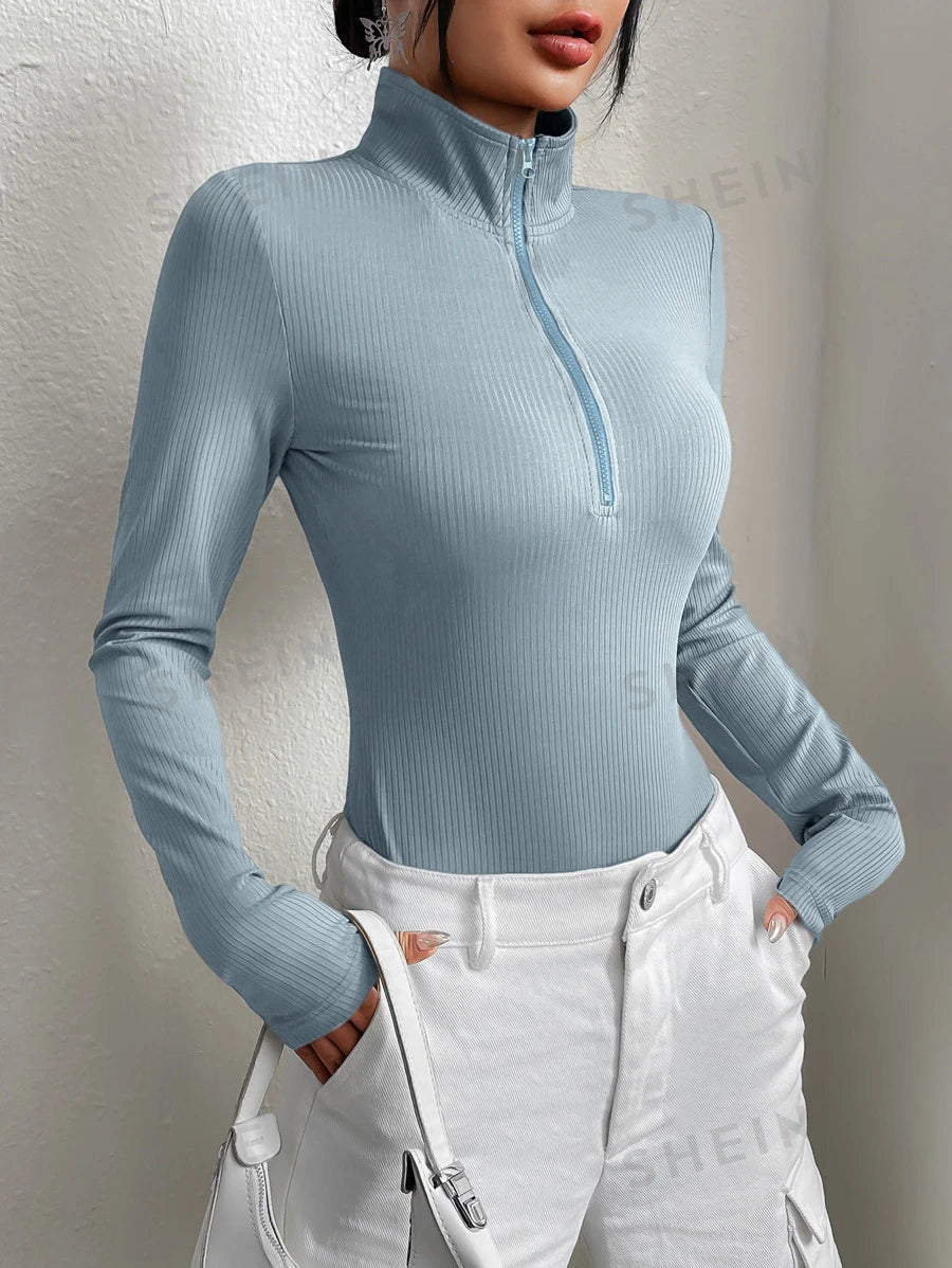 SHEIN EZwear Body cremallera media tejido de canalé