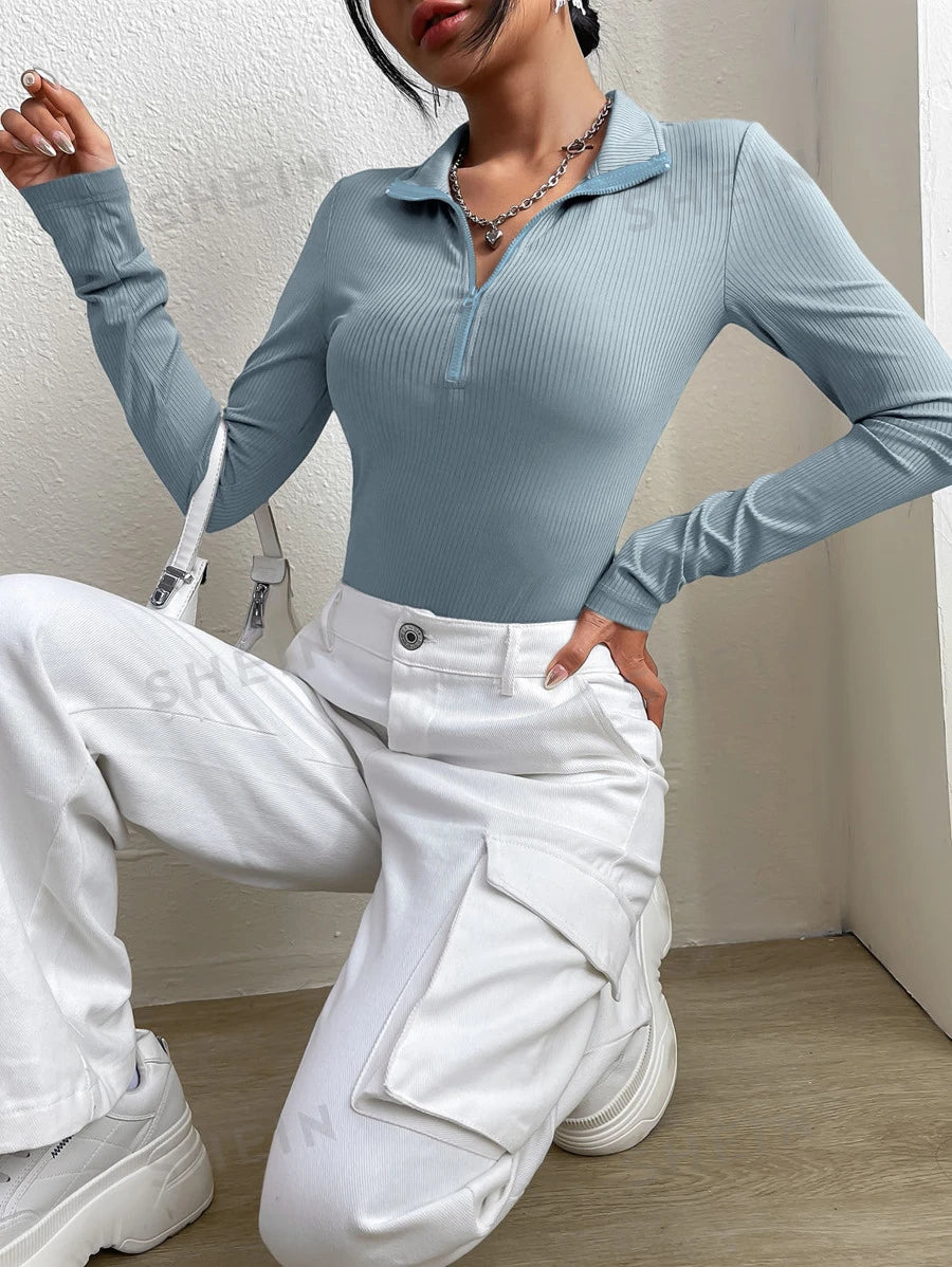 SHEIN EZwear Body cremallera media tejido de canalé