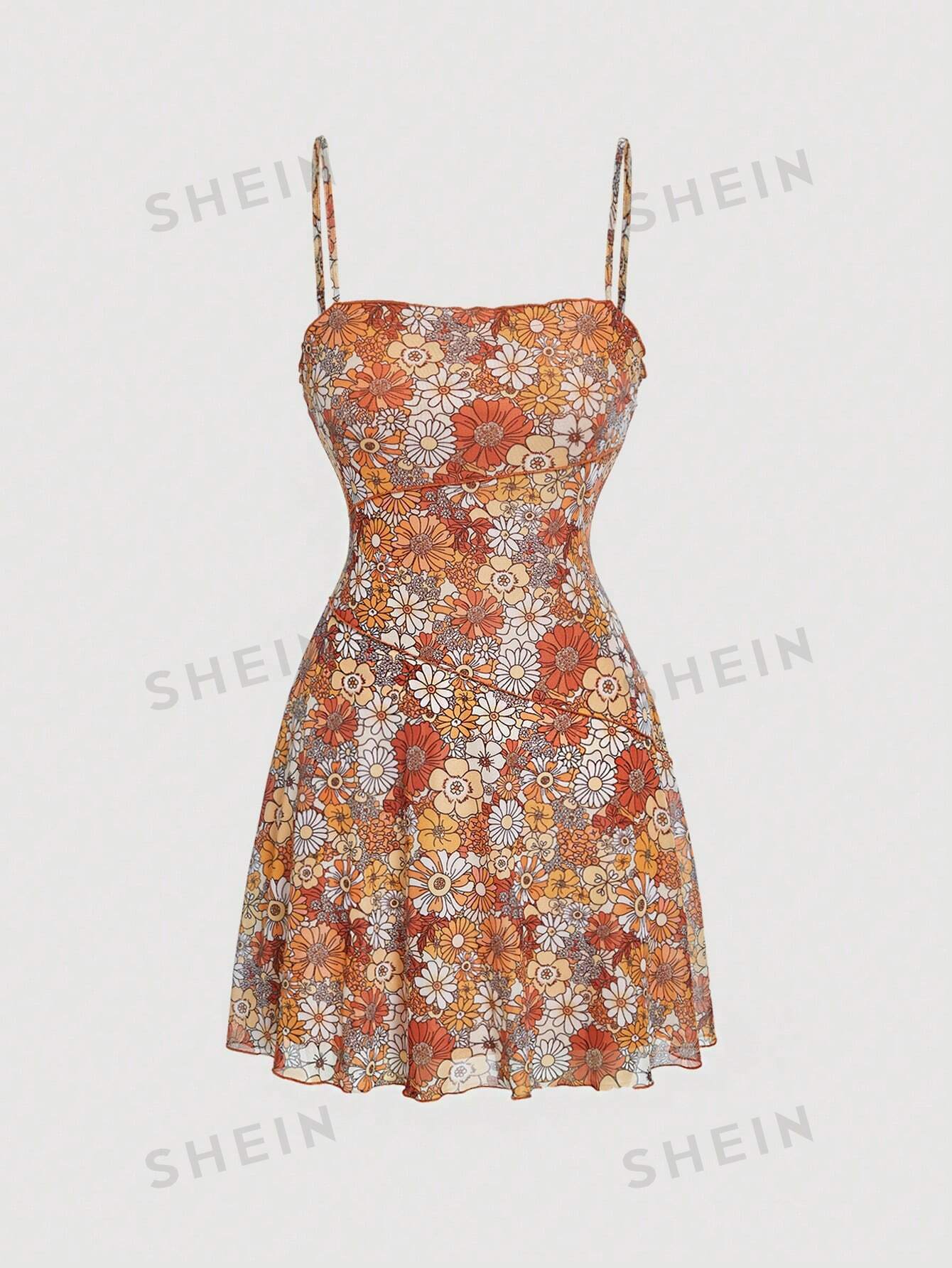 SHEIN MOD Vestido de tirantes con estampado floral bajo con fruncido