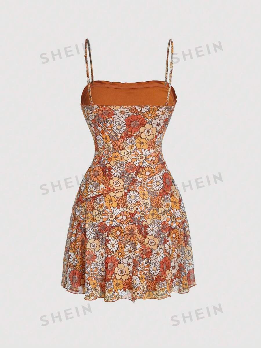 SHEIN MOD Vestido de tirantes con estampado floral bajo con fruncido