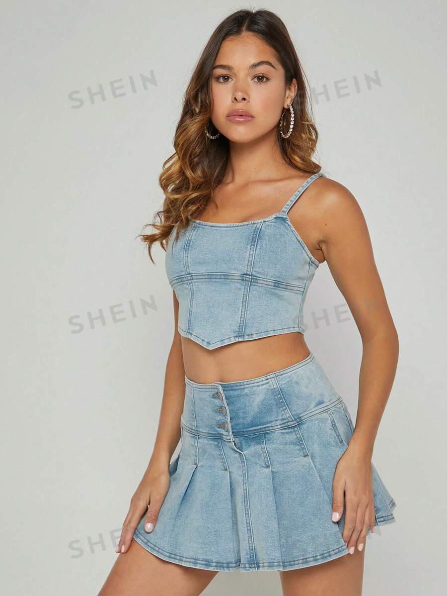 SHEIN Haute Conjunto De Top Y Falda De Denim Con Dobladillo De Bandana