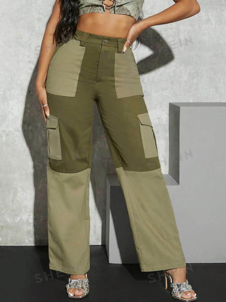 SHEIN Haute Pantalones De Carga Con Bolsillos De Solapa De Bloque De Color