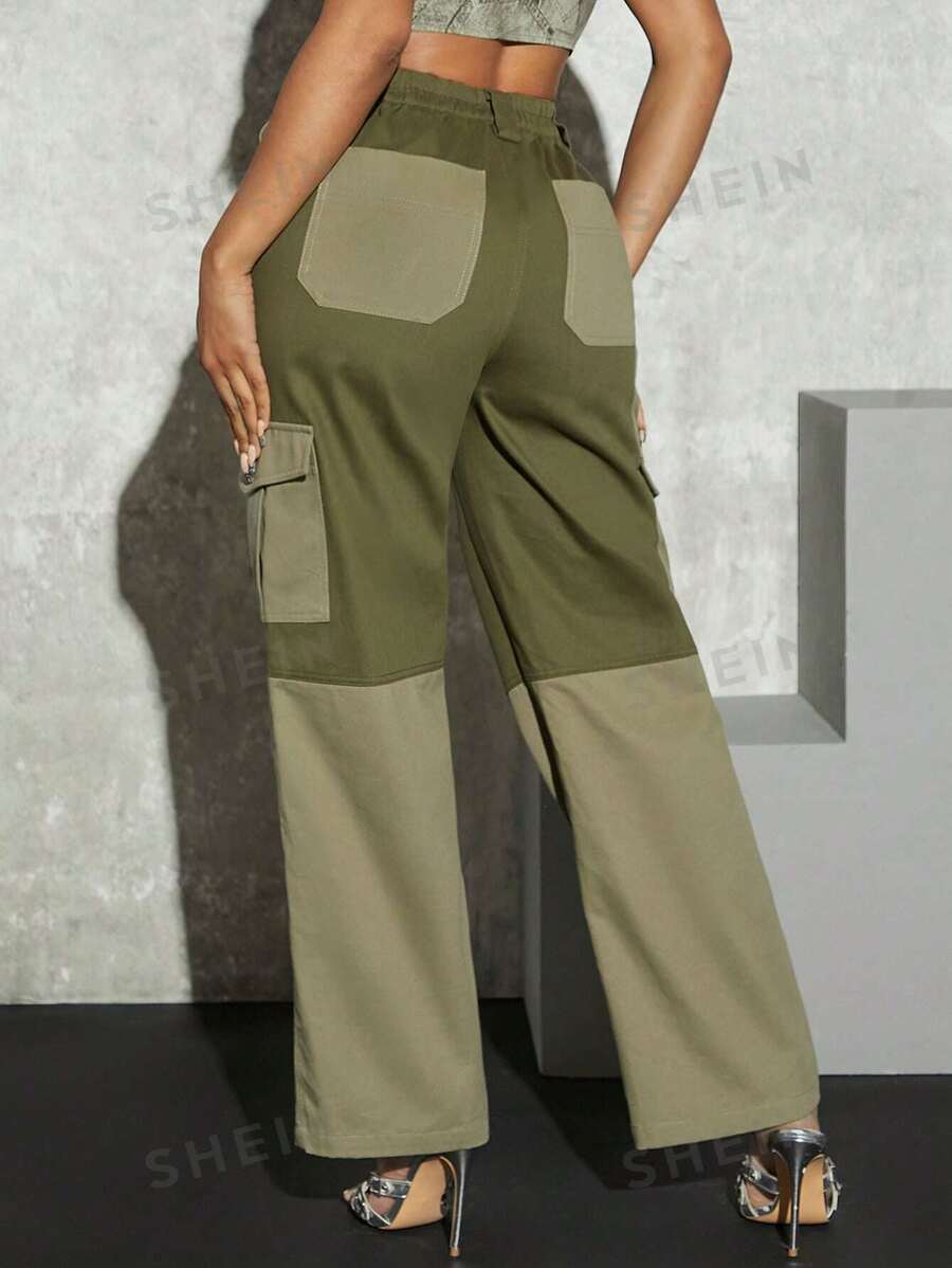 SHEIN Haute Pantalones De Carga Con Bolsillos De Solapa De Bloque De Color