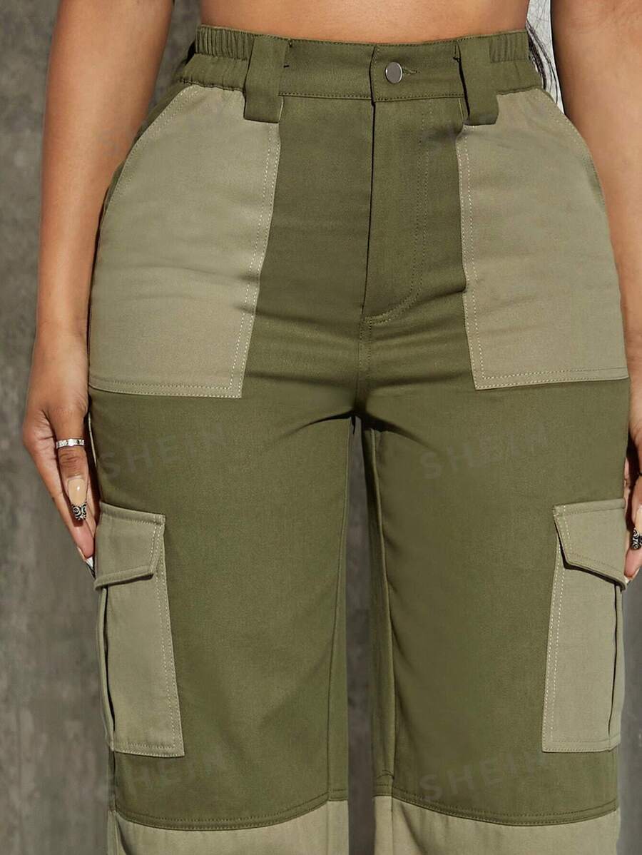 SHEIN Haute Pantalones De Carga Con Bolsillos De Solapa De Bloque De Color