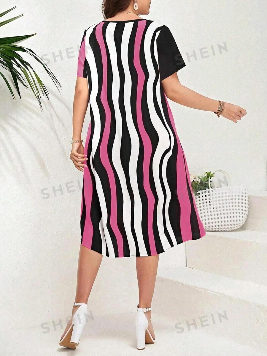 SHEIN LUNE Vestido Suelto Con Cuello En V Entallado Con Rayas Y Estampado, Tamaño Grande