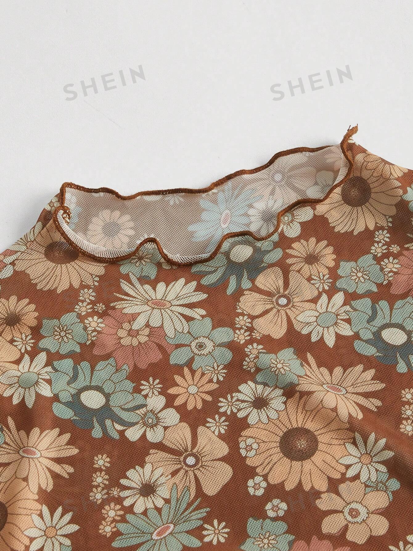 SHEIN MOD Tops de mujeres Acaracolado Transparente Floral todo estampado Casual