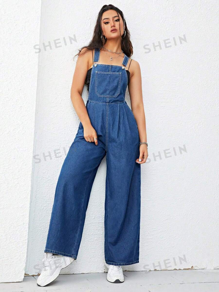 SHEIN EZwear Petos mezclilla con bolsillo oblicuo de pierna ancha sin top tubo