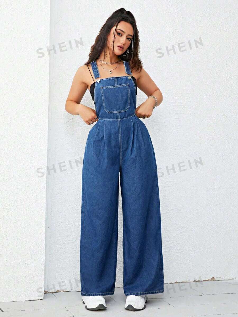 SHEIN EZwear Petos mezclilla con bolsillo oblicuo de pierna ancha sin top tubo