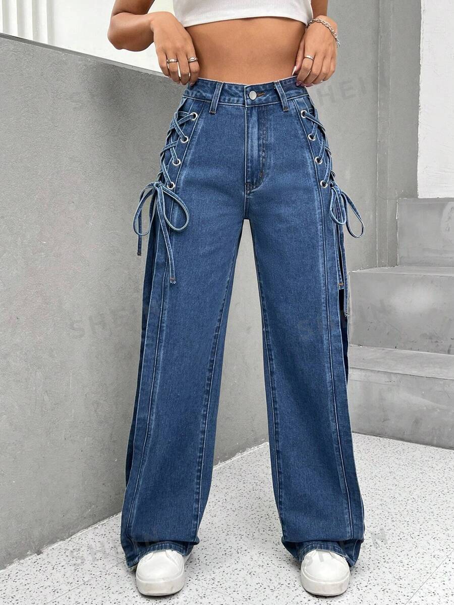 SHEIN EZwear Jeans de talle alto con cordón lateral