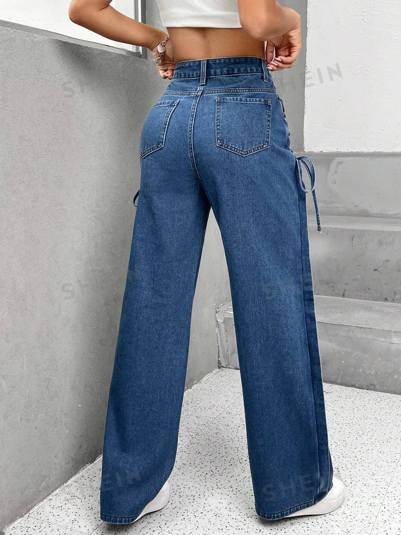SHEIN EZwear Jeans de talle alto con cordón lateral