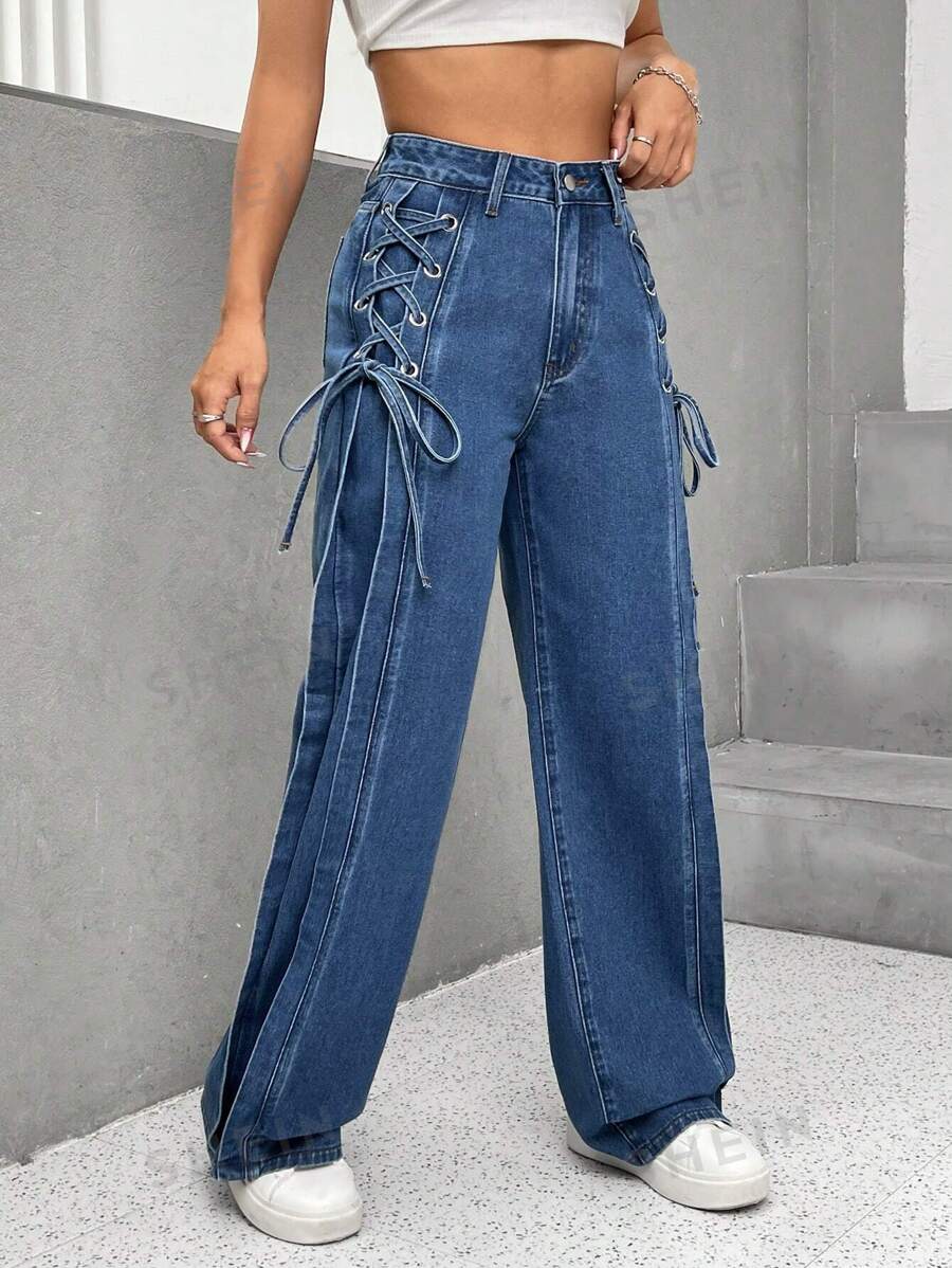 SHEIN EZwear Jeans de talle alto con cordón lateral