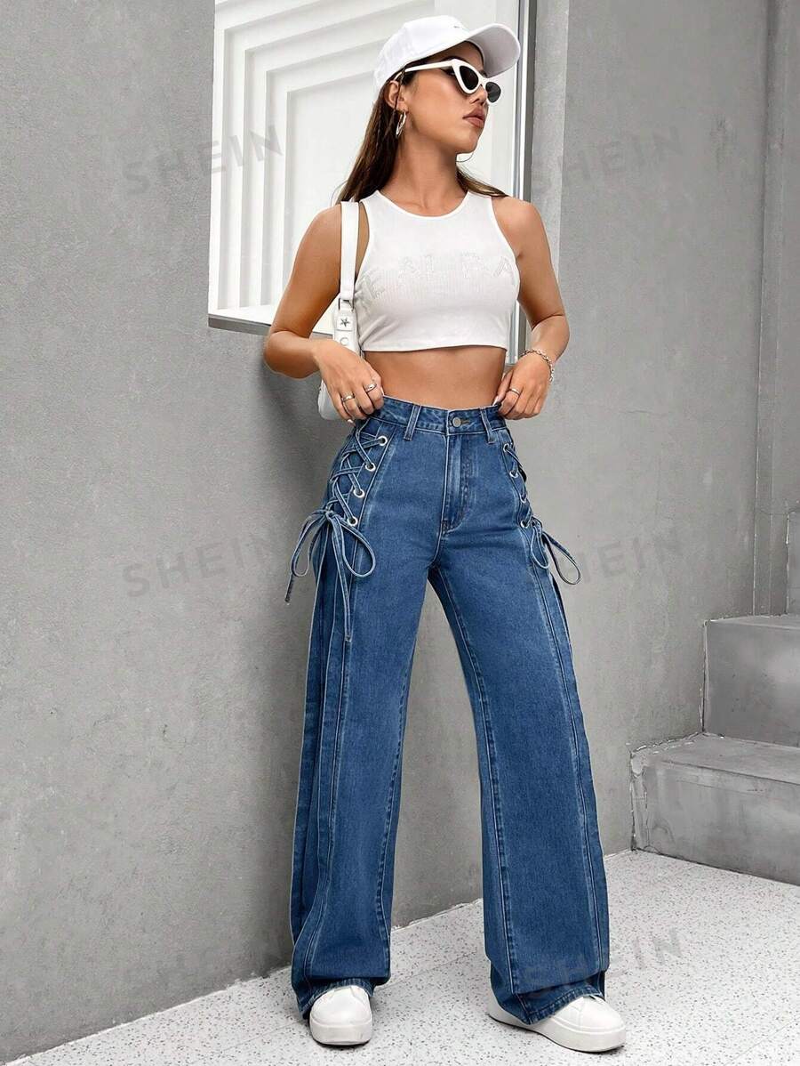 SHEIN EZwear Jeans de talle alto con cordón lateral