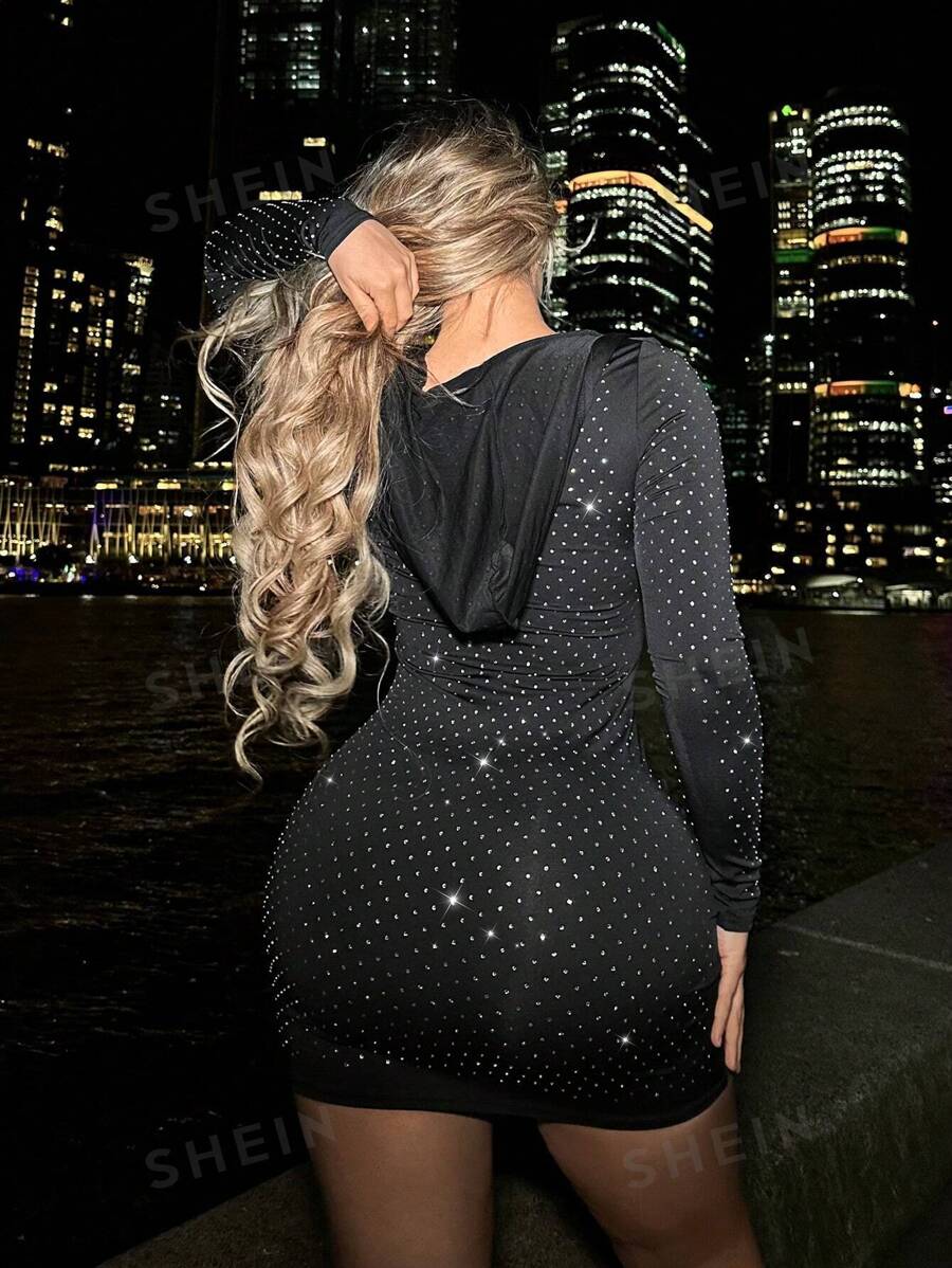 SHEIN SXY Vestido ajustado con diseño de diamante de imitación con capucha Mujer
