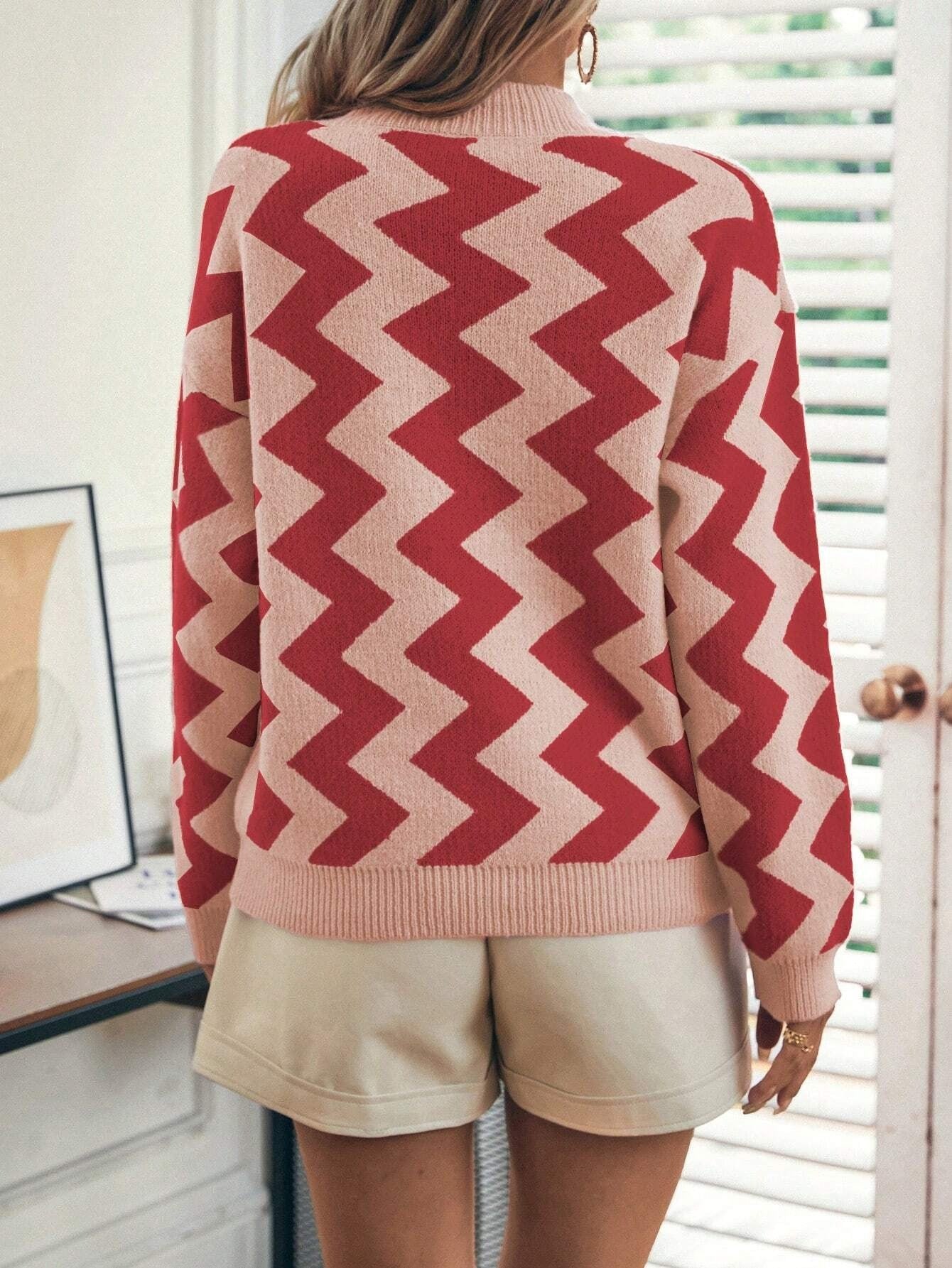 SHEIN LUNE Jersey con patrón de cheurón de hombros caídos Mujer