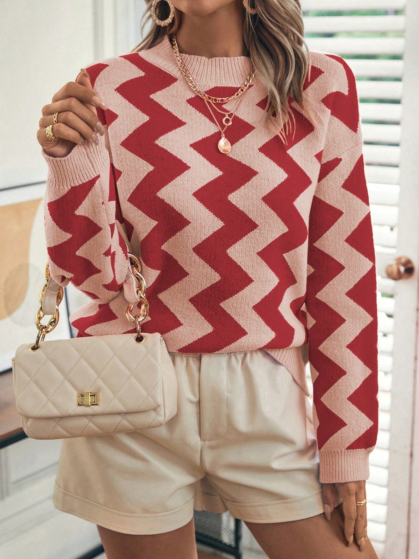 SHEIN LUNE Jersey con patrón de cheurón de hombros caídos Mujer