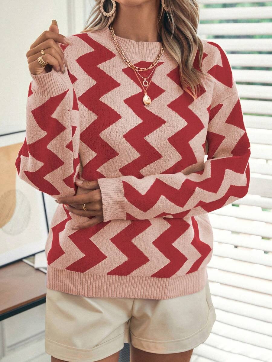 SHEIN LUNE Jersey con patrón de cheurón de hombros caídos Mujer
