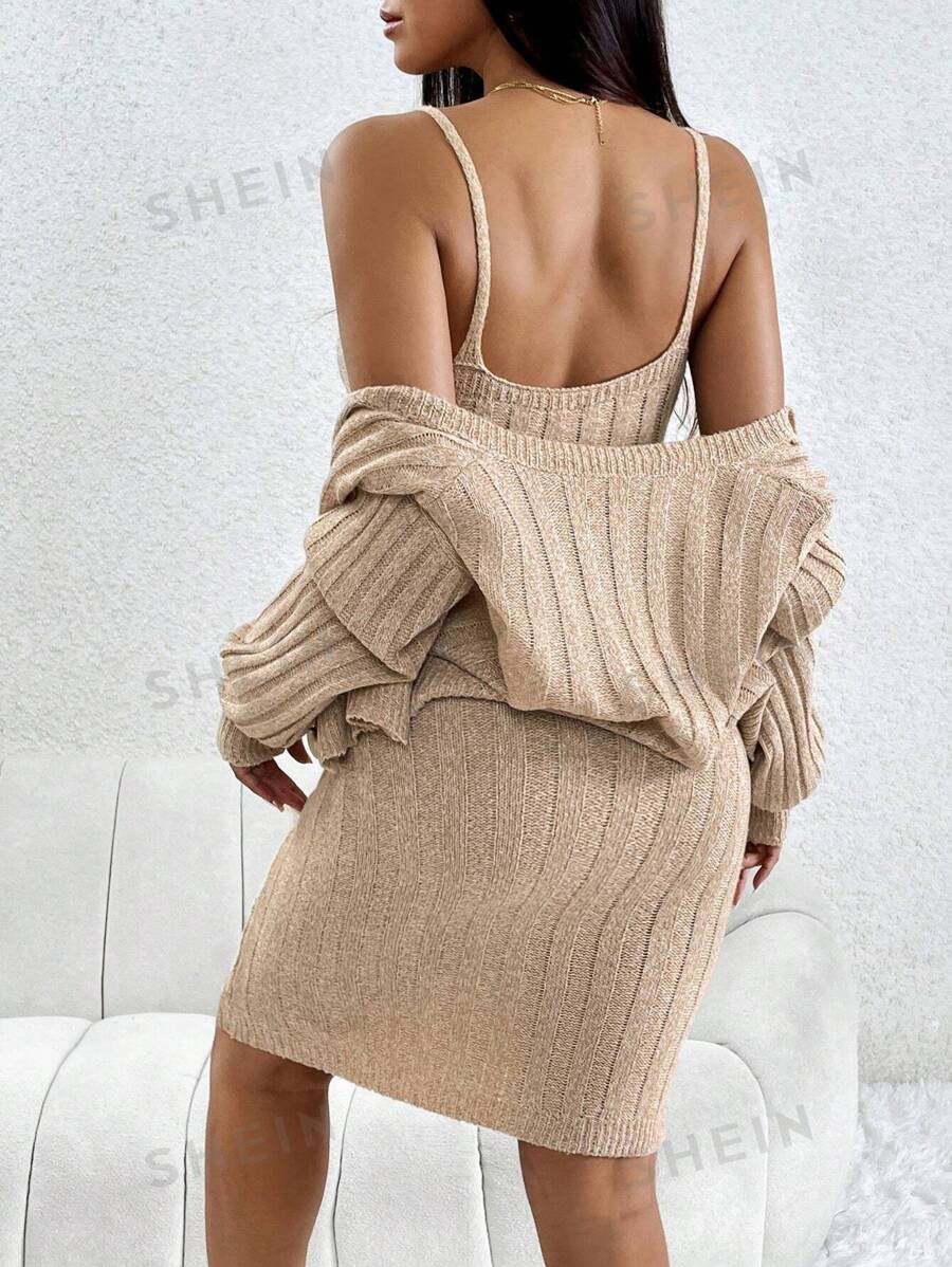 SHEIN EZwear de hombros caídos Cárdigan & Vestido de punto de tirantes