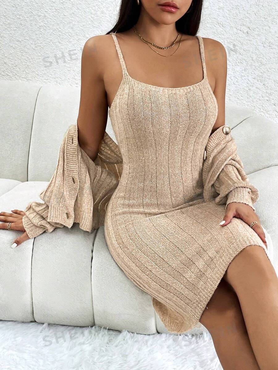 SHEIN EZwear de hombros caídos Cárdigan & Vestido de punto de tirantes