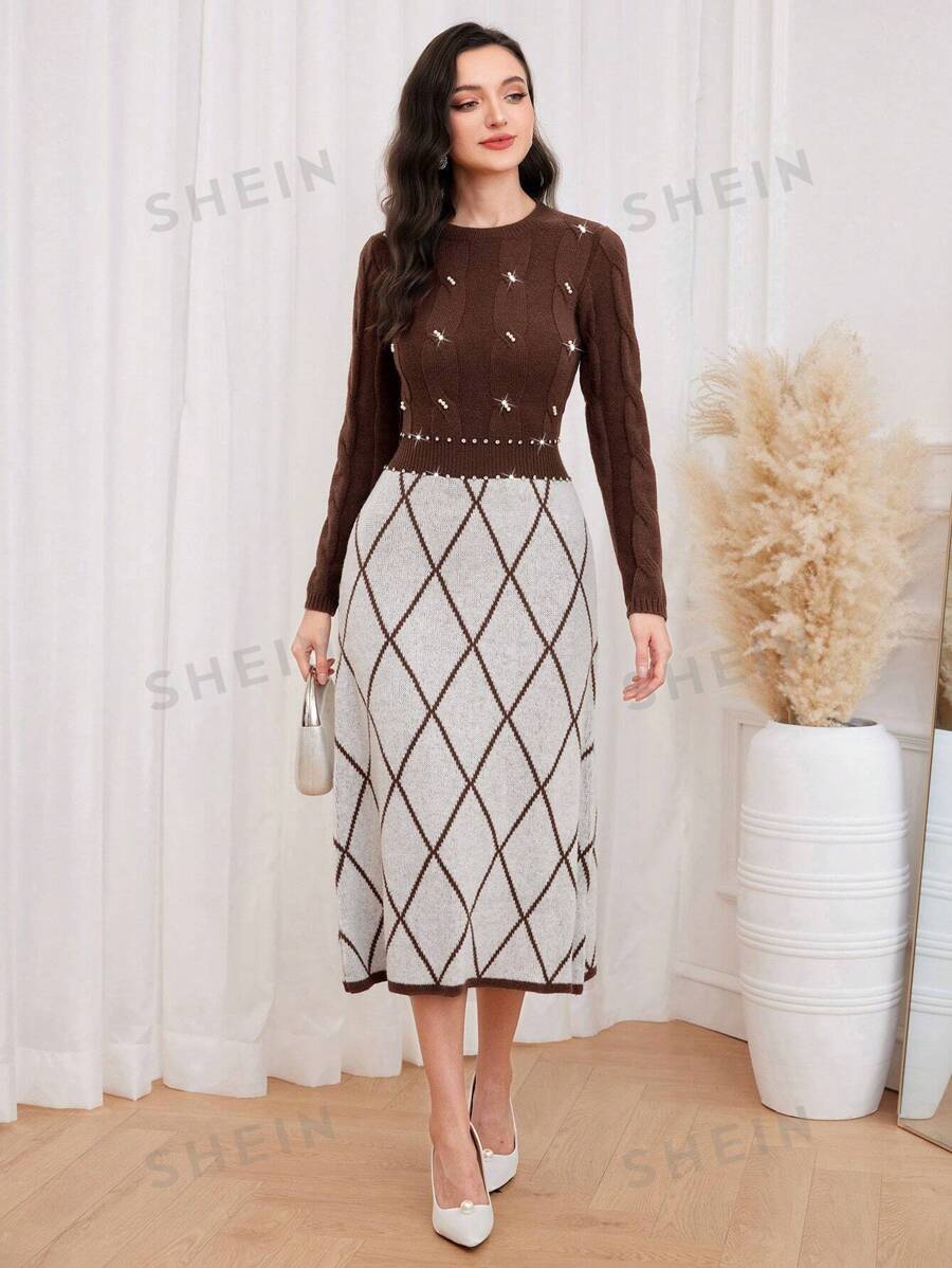 SHEIN Modely Vestido de punto con patrón de rombo con cuenta de perla