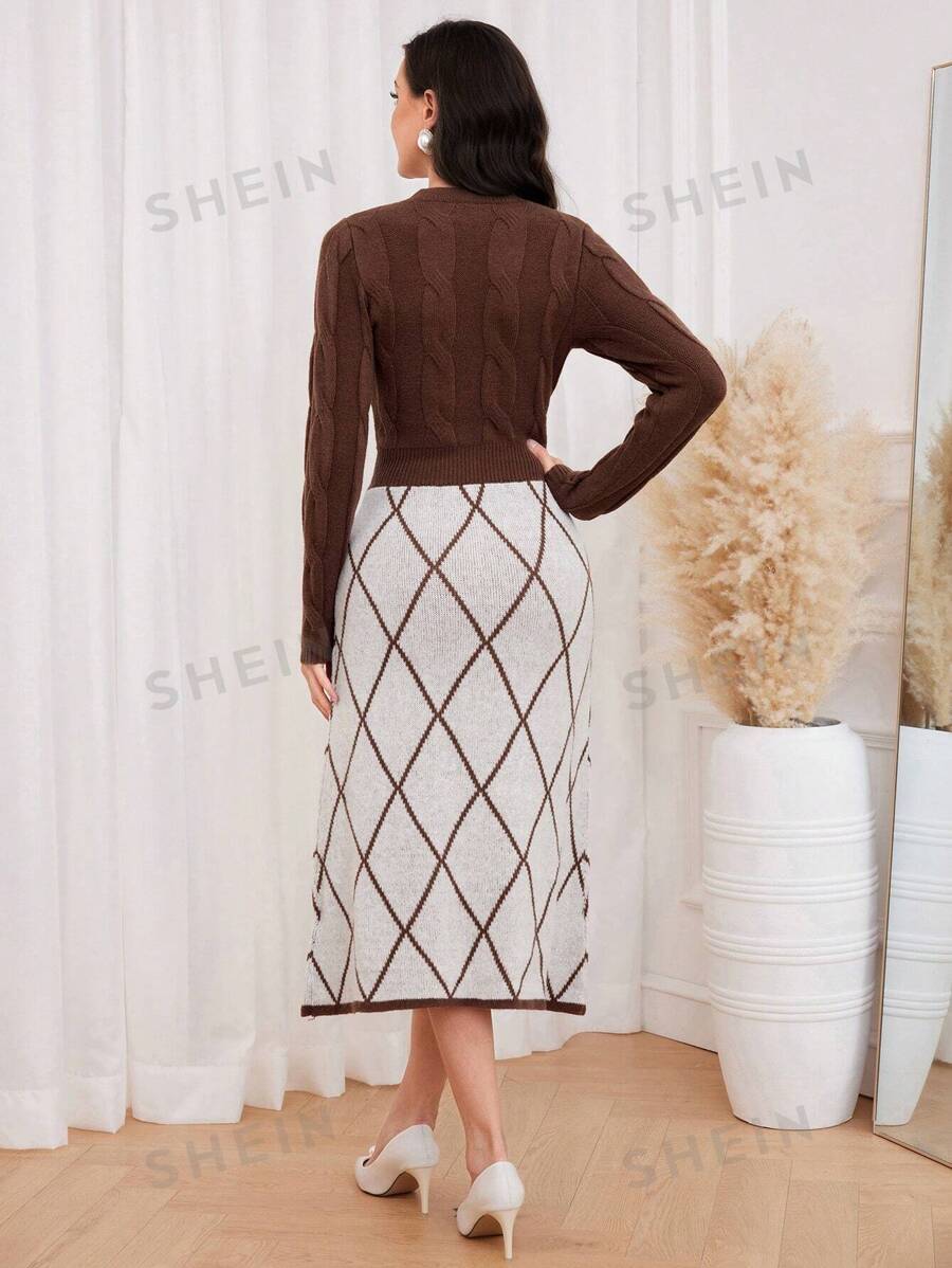 SHEIN Modely Vestido de punto con patrón de rombo con cuenta de perla