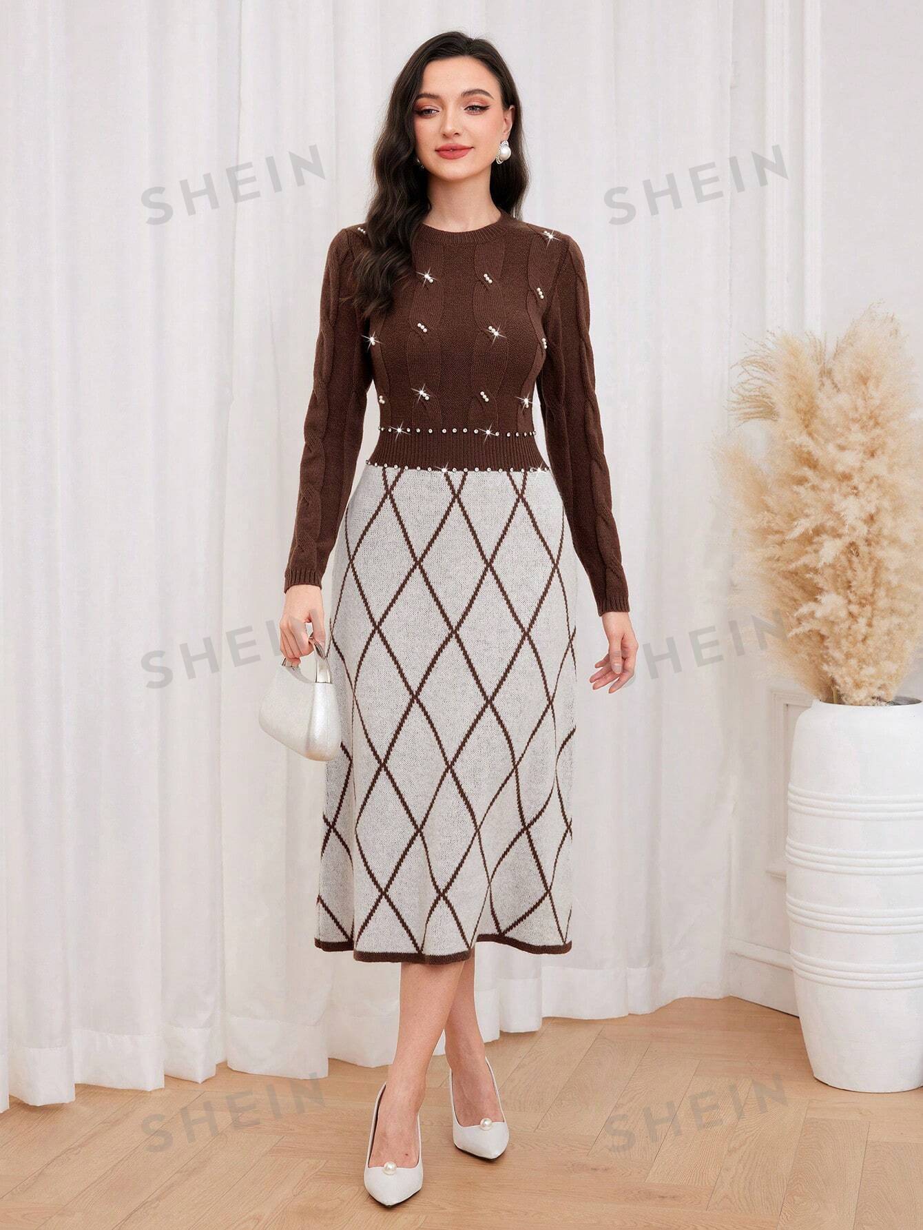 SHEIN Modely Vestido de punto con patrón de rombo con cuenta de perla
