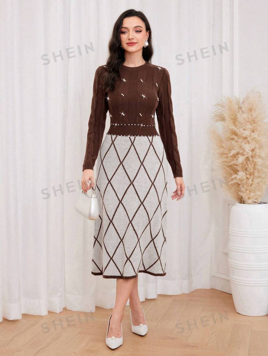 SHEIN Modely Vestido de punto con patrón de rombo con cuenta de perla