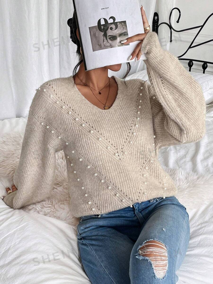 SHEIN Frenchy Jersey con cuenta de perla de hombros caídos