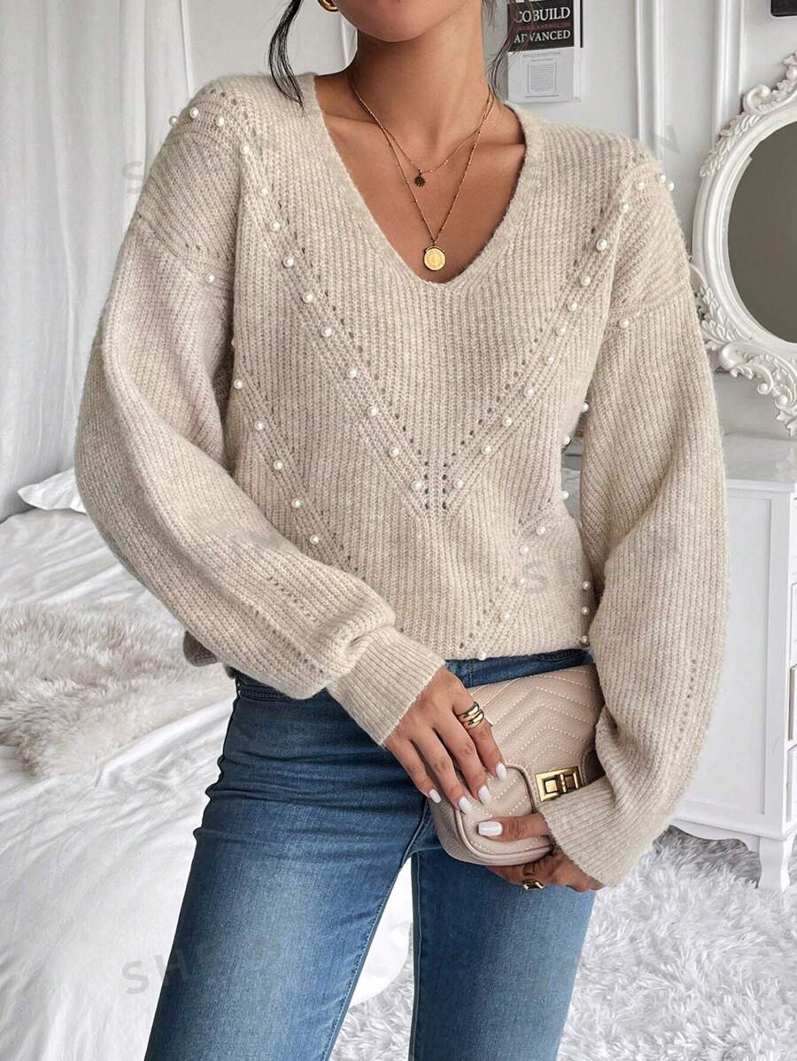 SHEIN Frenchy Jersey con cuenta de perla de hombros caídos