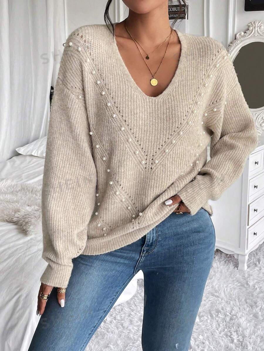 SHEIN Frenchy Jersey con cuenta de perla de hombros caídos
