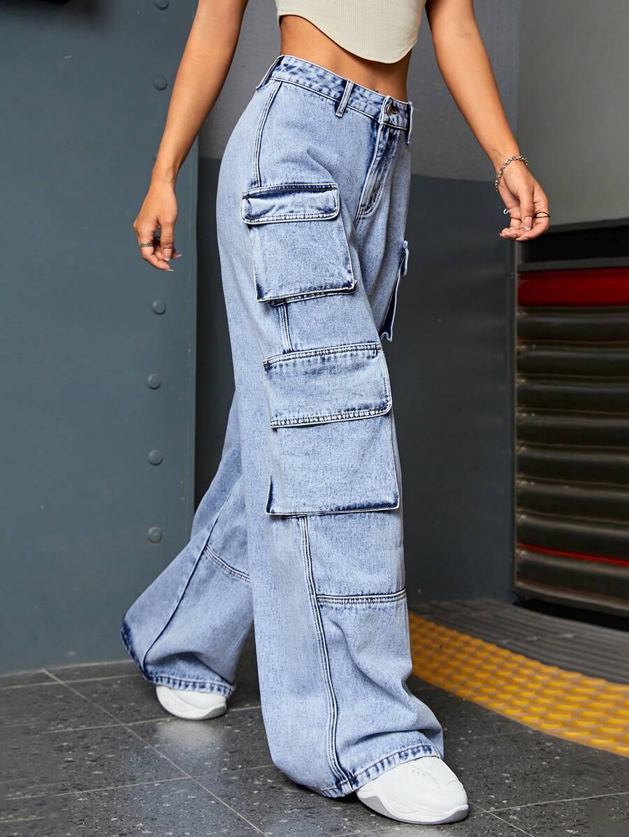 SHEIN ICON Pantalones cargo con bolsillo con solapa y cintura caída