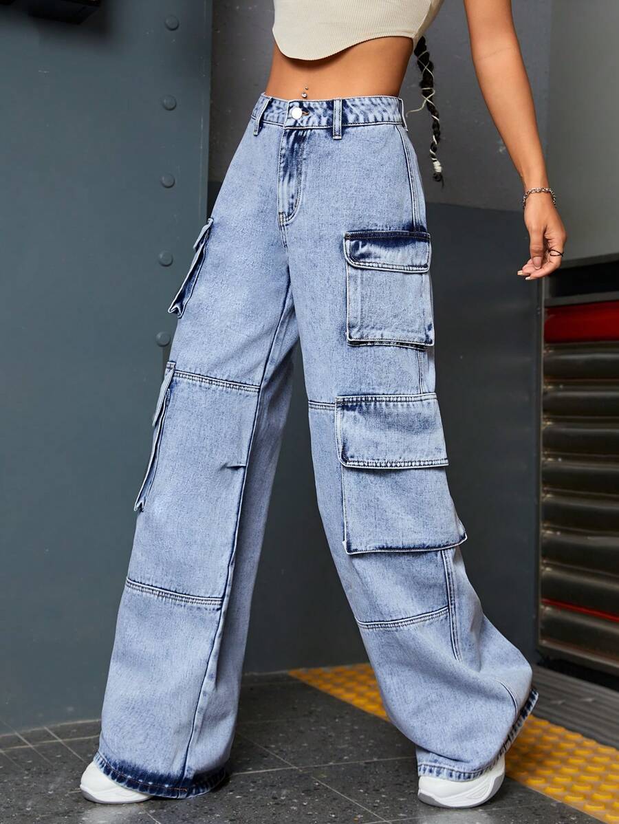 SHEIN ICON Pantalones cargo con bolsillo con solapa y cintura caída