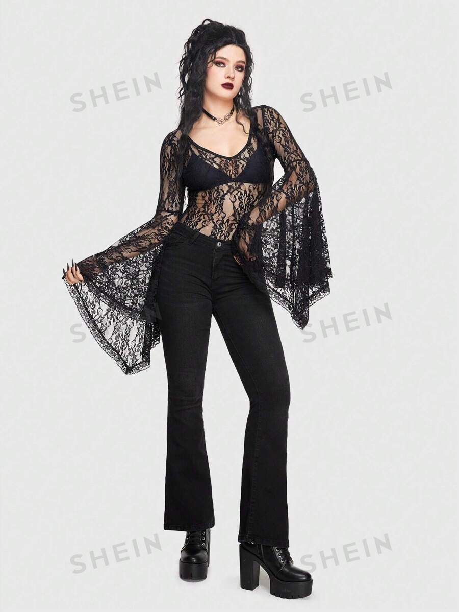 ROMWE Goth Body de encaje estilo gótico de tela transparente con cuello en V para mujer con cinturón de cintura y mangas acampanadas