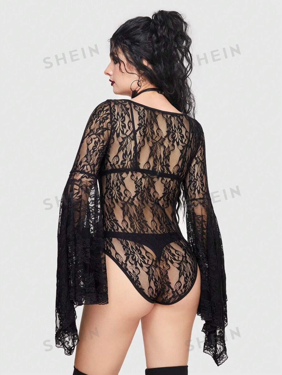 ROMWE Goth Body de encaje estilo gótico de tela transparente con cuello en V para mujer con cinturón de cintura y mangas acampanadas