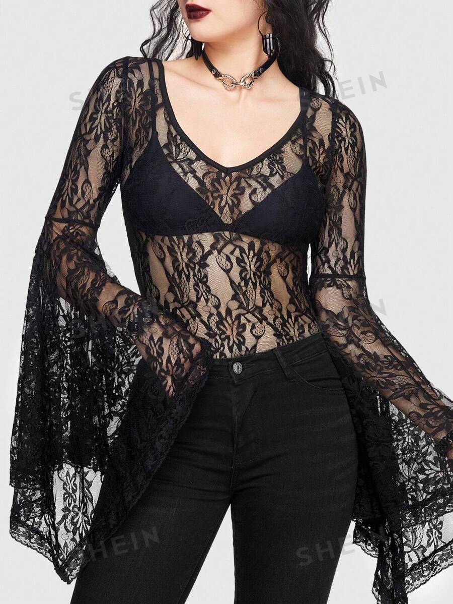 ROMWE Goth Body de encaje estilo gótico de tela transparente con cuello en V para mujer con cinturón de cintura y mangas acampanadas