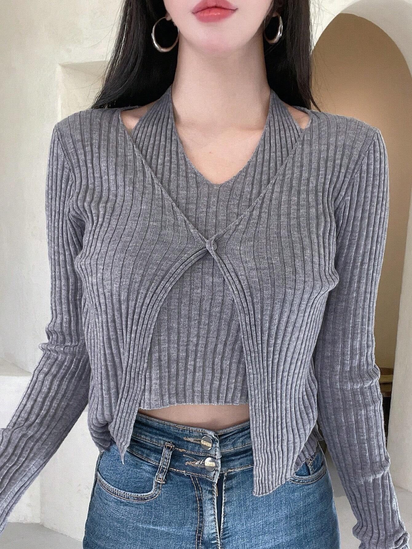 DAZY Top de punto tejido de canalé halter & Cárdigan Mujer