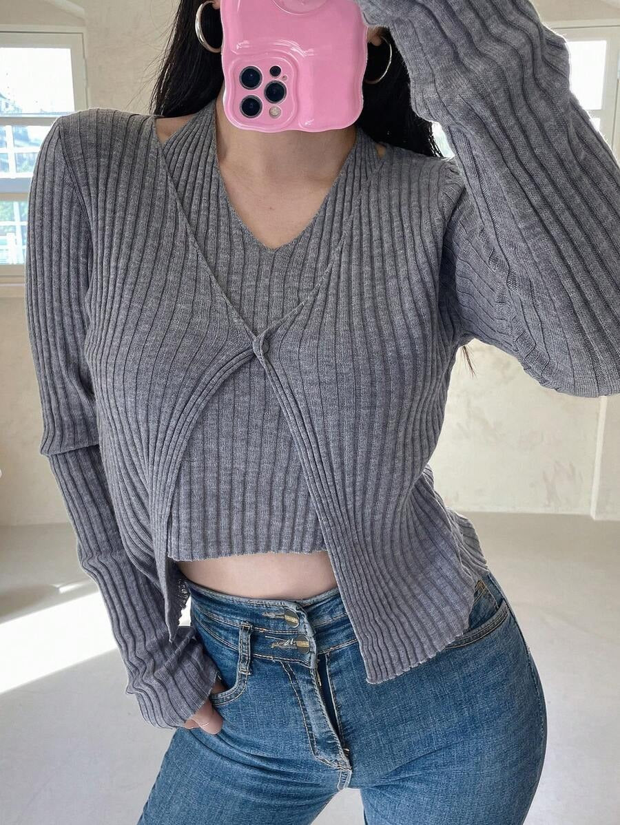 DAZY Top de punto tejido de canalé halter & Cárdigan Mujer